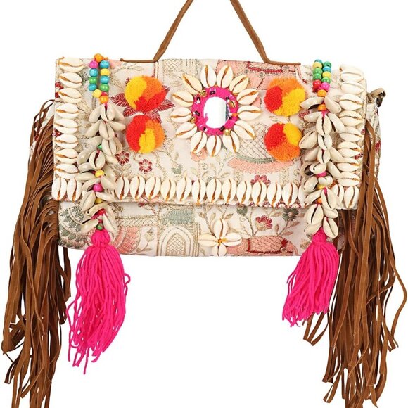 Convertible Floral Embroidered Crossbody Clutch with Leather Fringe - 12" x 6" - Picture 2 of 9